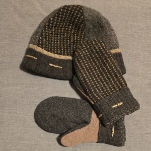 Warm and Cozy Black and Brown Knit Hat and Mittens